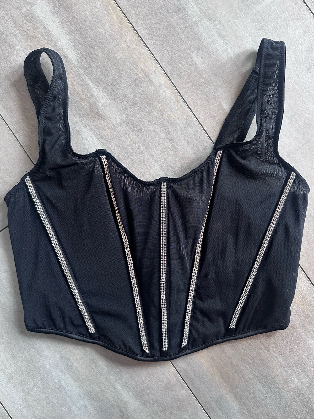 Victoria's Secret Black Sheer Corset Crop Top with Rhinestone Trim